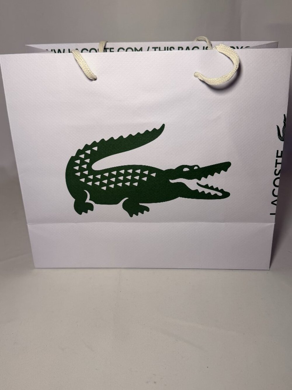 Lacoste Paper Shopping Gift Bag White 11.5 x 10 x 4.5 Shoelace Handles Crocodile